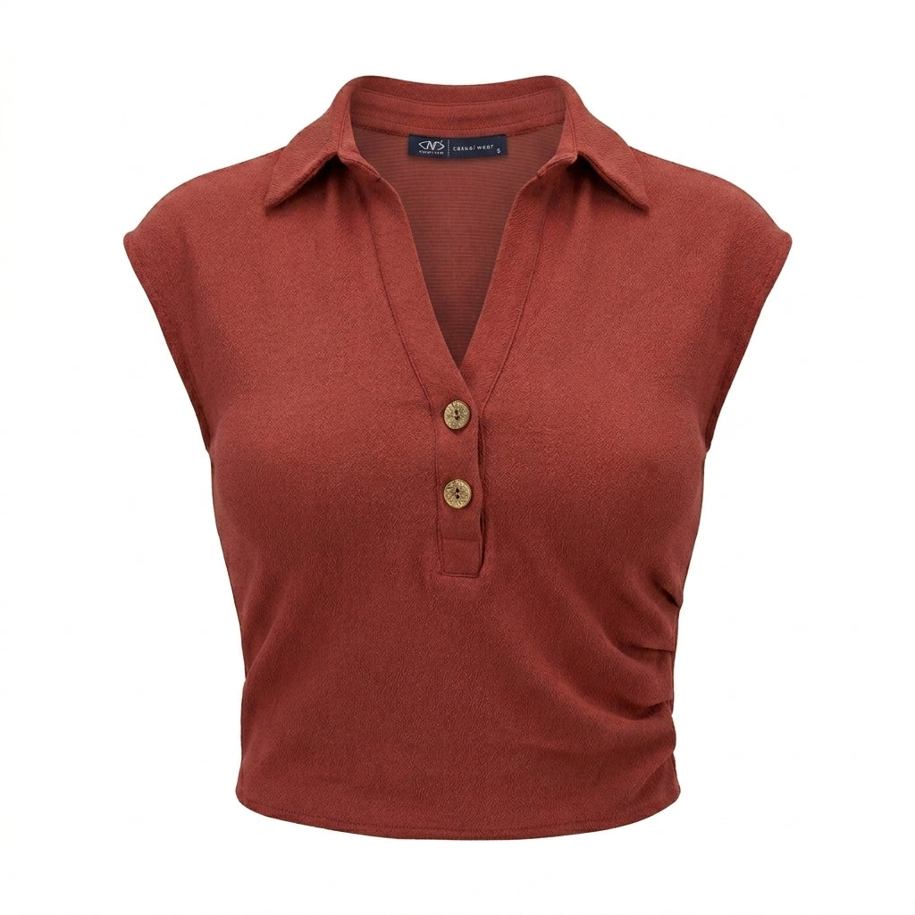 Sleeveless Collared Top With Button Placket