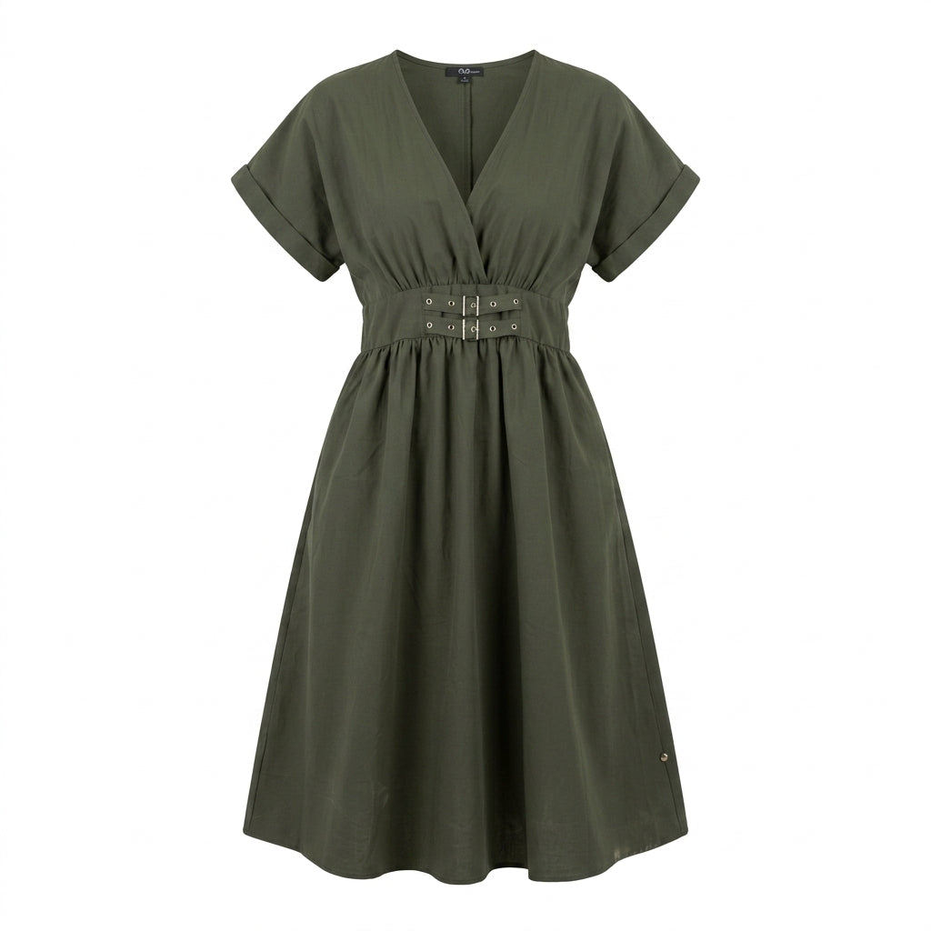 V Neck Midi Dress With Buckle Waist