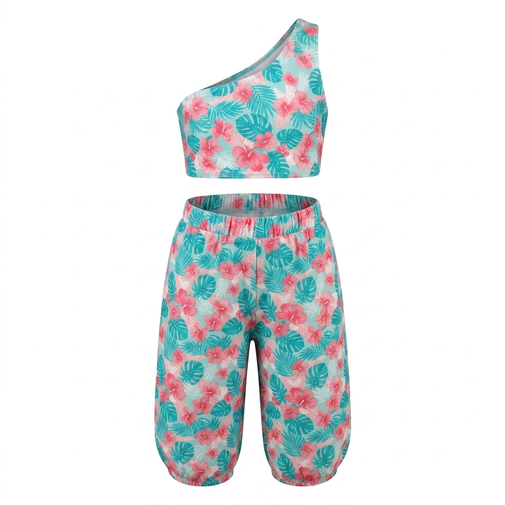 Girls Floral One Shoulder Swim Set