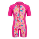 Girls Short Sleeve Printed Swim Suit With Front Zip