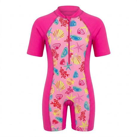 Girls Short Sleeve Printed Swim Suit With Front Zip
