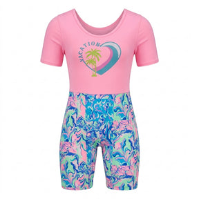 Girls Short Sleeve Printed Swim Suit