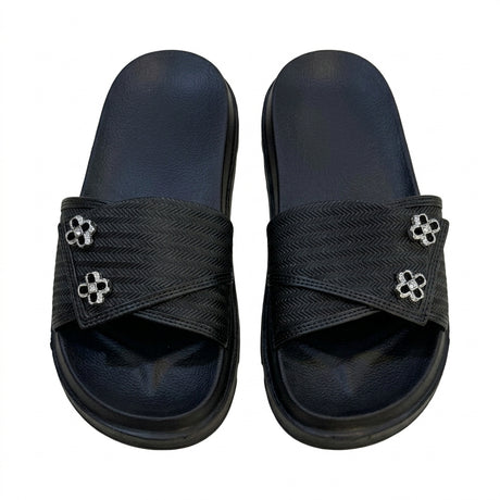 Textured Slip On Slides With Crystal Floral Embellishment