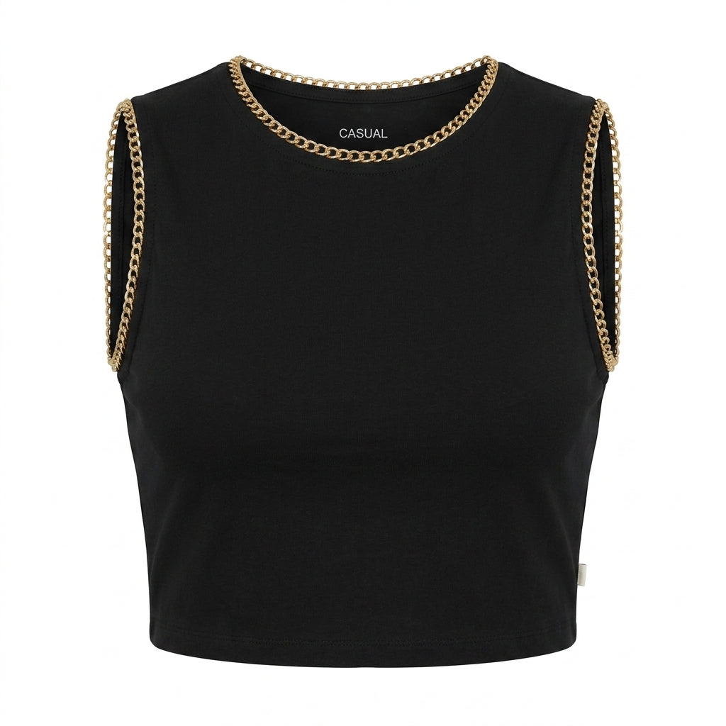 Casual Women Sleeveless Crop Top With Chain Trim
