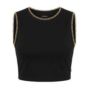 Casual Women Sleeveless Crop Top With Chain Trim