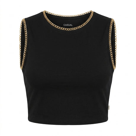 Casual Women Sleeveless Crop Top With Chain Trim