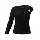 Women Casual One Shoulder Ruched Top With Metallic