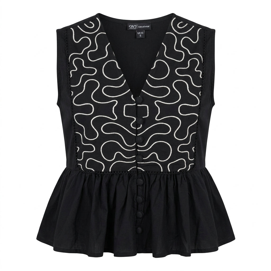 Sleeveless Peplum Top With Contrast Embroidered Panel
