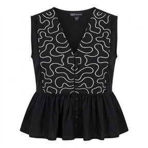 Sleeveless Peplum Top With Contrast Embroidered Panel
