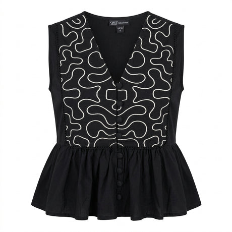 Sleeveless Peplum Top With Contrast Embroidered Panel