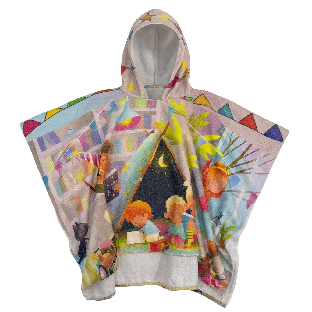 Girls Story Print Hooded Beach Towel Poncho
