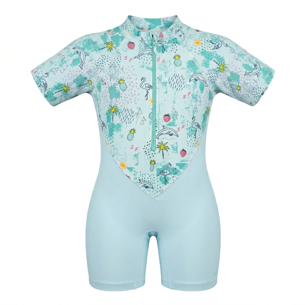 Kids Tropical Print Short Sleeve Swimsuit