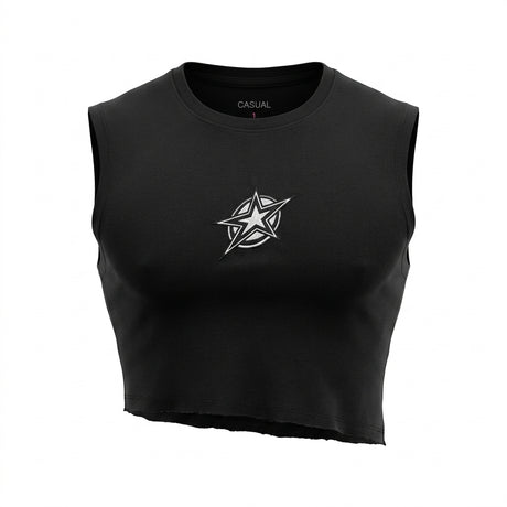 Casual Women Cap Sleeve Crop Top With Star Embroidery