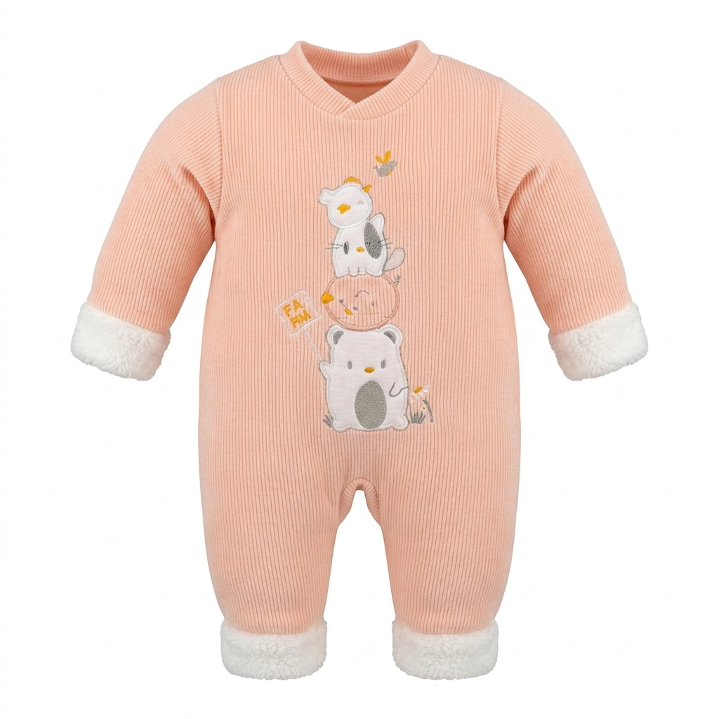 Baby Girls Plush Trim Ribbed Romper Soft