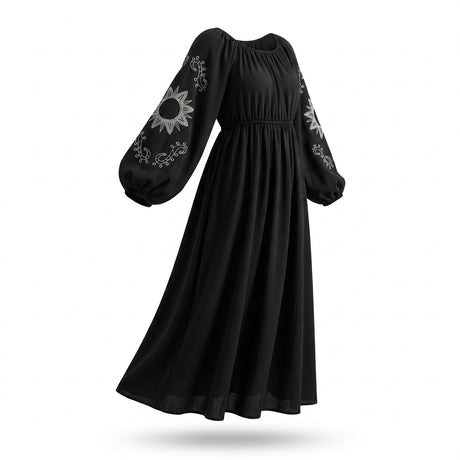 Casual Embroidered Balloon Sleeve Midi Dress