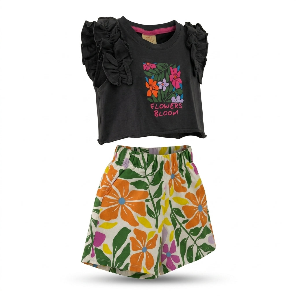 Girls Flowers Bloom Top And Floral Shorts Set