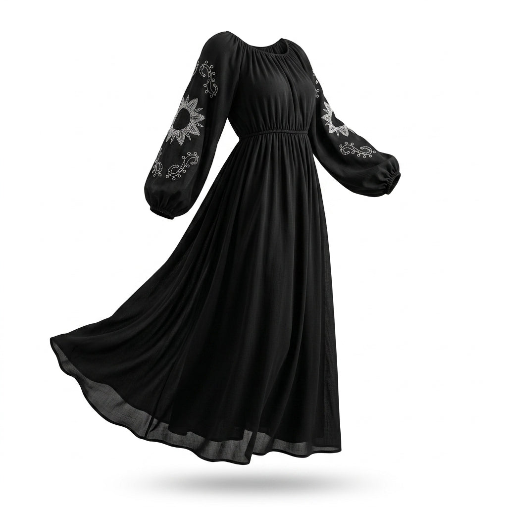 Casual Embroidered Balloon Sleeve Midi Dress