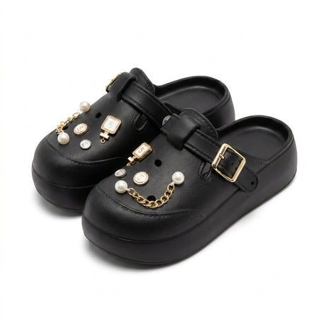 Girls Pearl And Chain Charm Clog Sandals With Buckle Strap