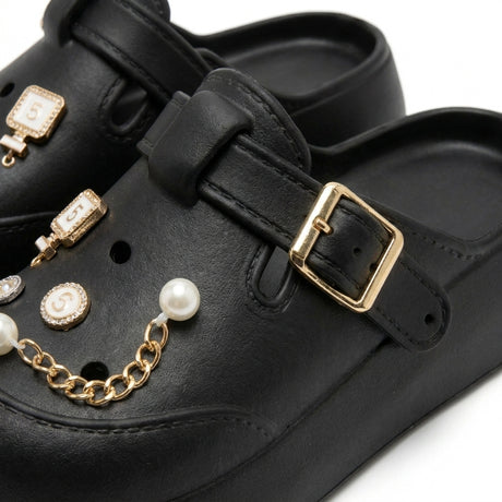 Girls Pearl And Chain Charm Clog Sandals With Buckle Strap
