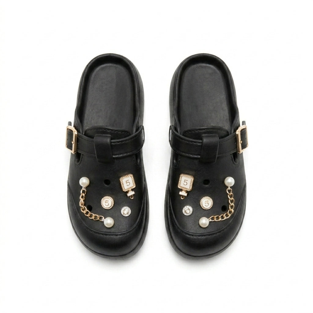Girls Pearl And Chain Charm Clog Sandals With Buckle Strap
