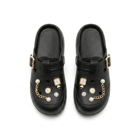 Girls Pearl And Chain Charm Clog Sandals With Buckle Strap