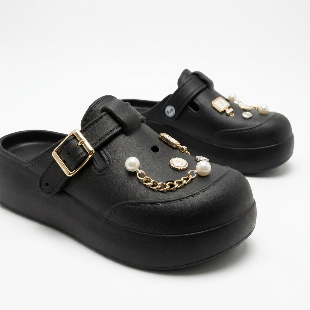 Girls Pearl And Chain Charm Clog Sandals With Buckle Strap
