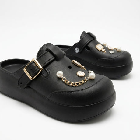Girls Pearl And Chain Charm Clog Sandals With Buckle Strap