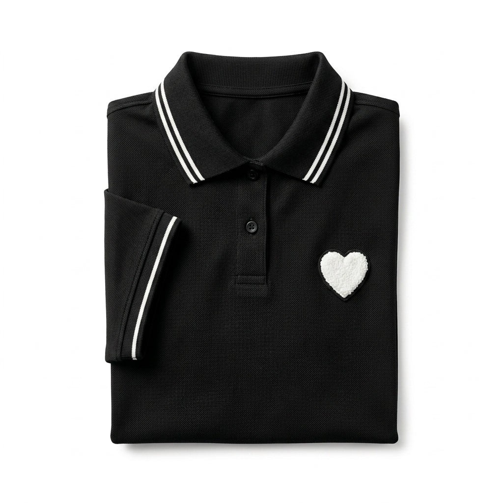 Casual Contrast Trim Short Sleeve Polo Top With Heart