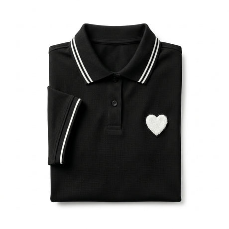 Casual Contrast Trim Short Sleeve Polo Top With Heart