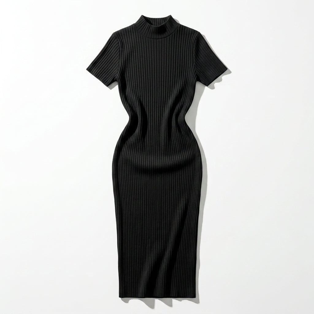 Casual Ribbed Mock Neck Short Sleeve Maxi Dress