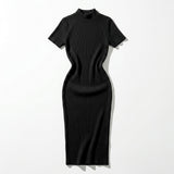 Casual Ribbed Mock Neck Short Sleeve Maxi Dress