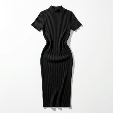 Casual Ribbed Mock Neck Short Sleeve Maxi Dress