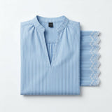 Casual Stripe Split Neck Blouse With Embroidered Sleeve