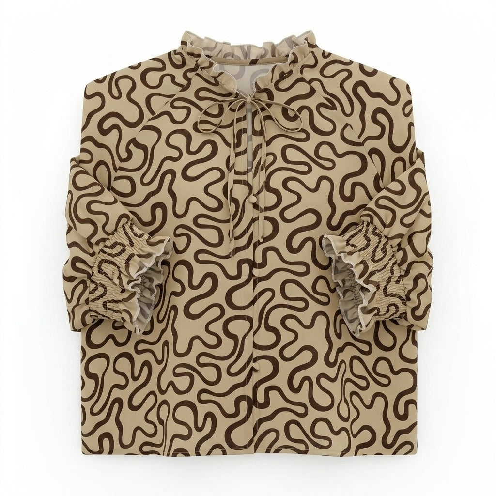 Abstract Print Blouse With Tie Neck