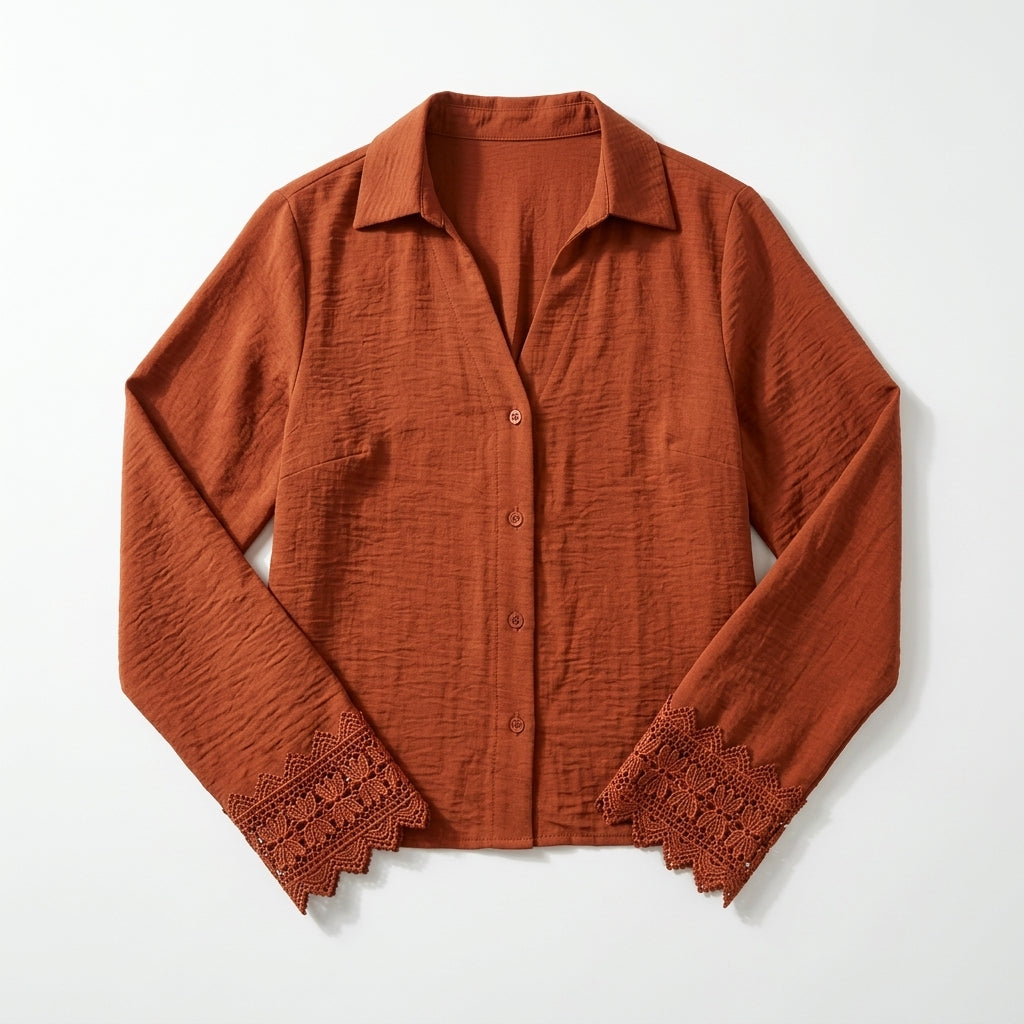 Girls Button Front Lace Cuff Blouse