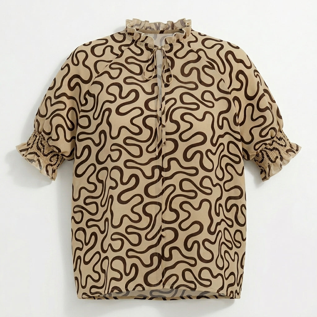 Abstract Print Blouse With Tie Neck