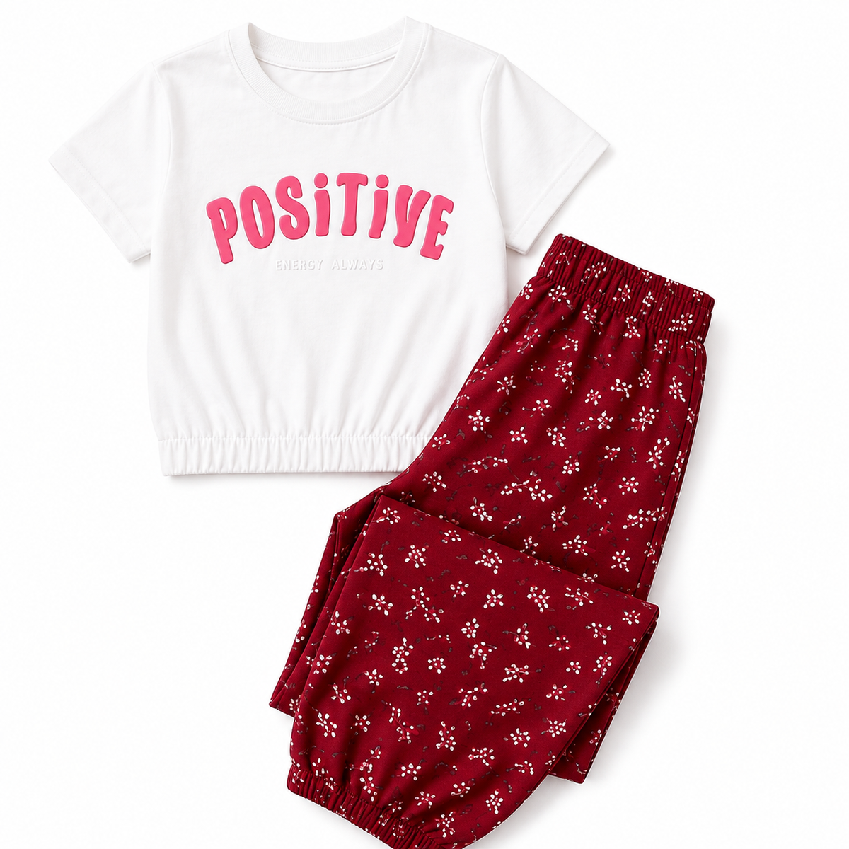 Girls Positive T Shirt And Printed Jogger Pants Set