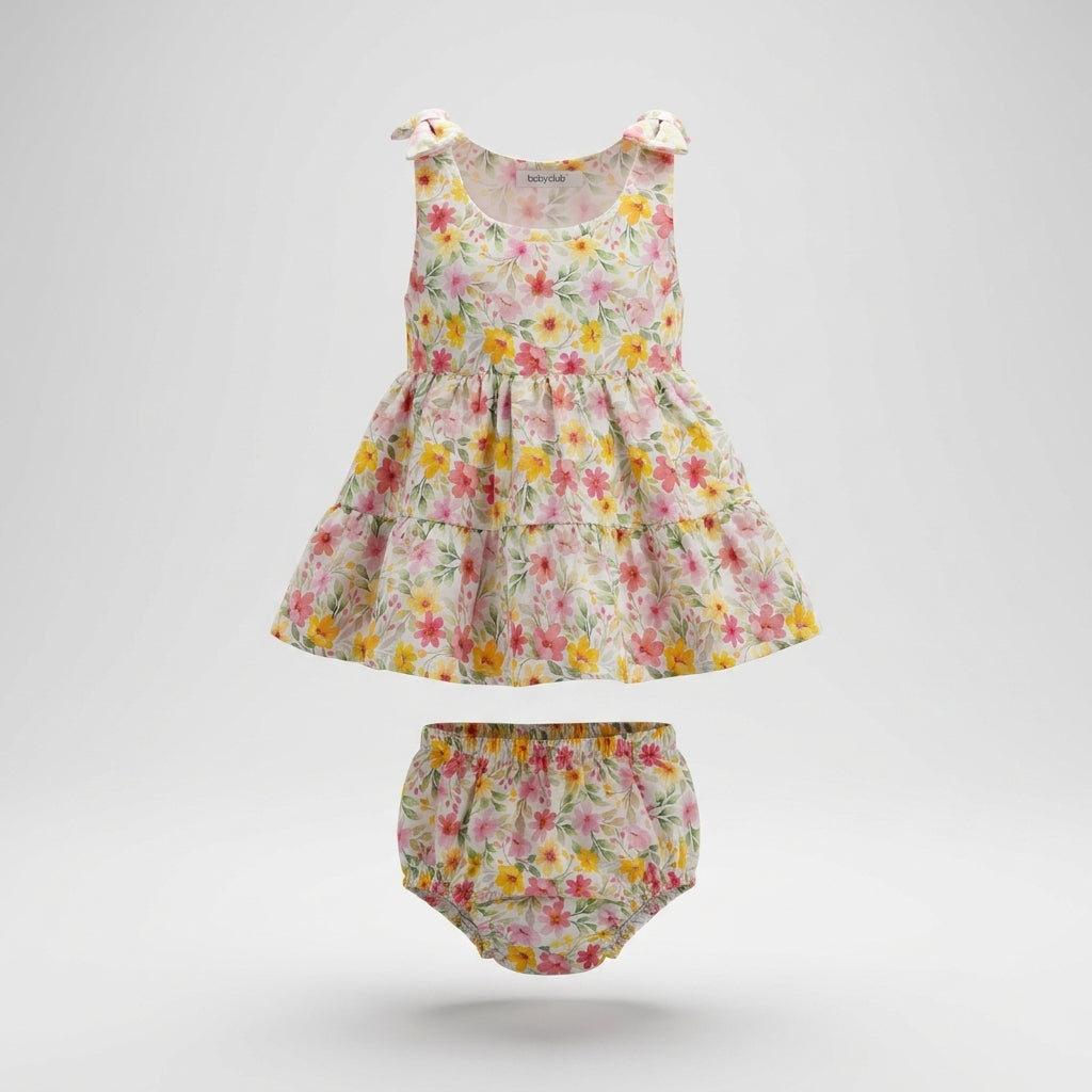 Floral Tiered Sleeveless Dress With Matching Bloomers