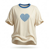 Casual Heart Print Contrast Trim Short Sleeve T Shirt