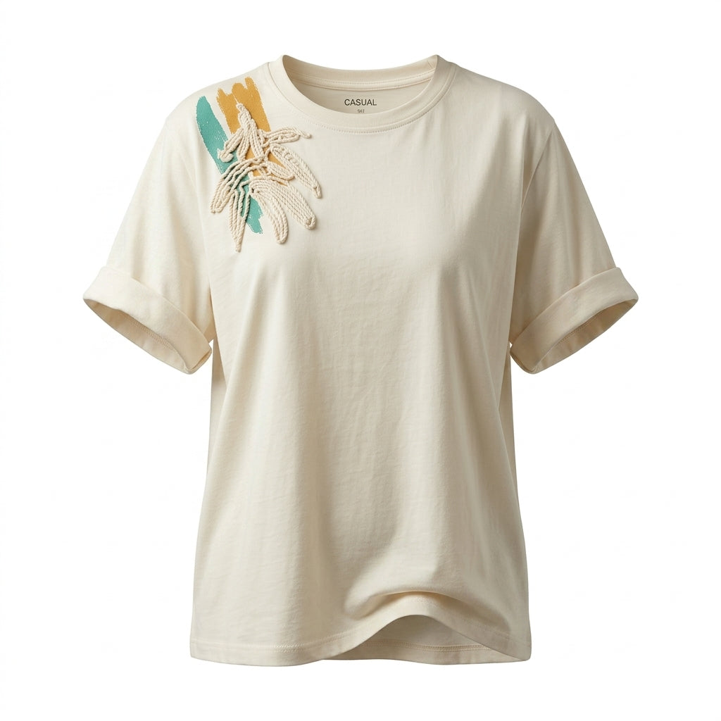Casual Women Floral Applique Short Sleeve T Shirt