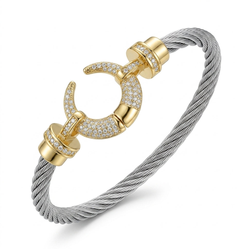 Women Two Tone Twisted Cable Cuff Bracelet With Pavé Clasp