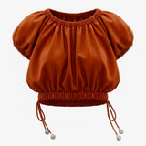 Casual Rose Ruched Crop Top With Side Tie