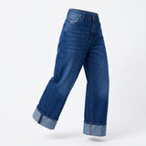 Women Wide Leg Cropped Denim Jeans With Turn Up Hem