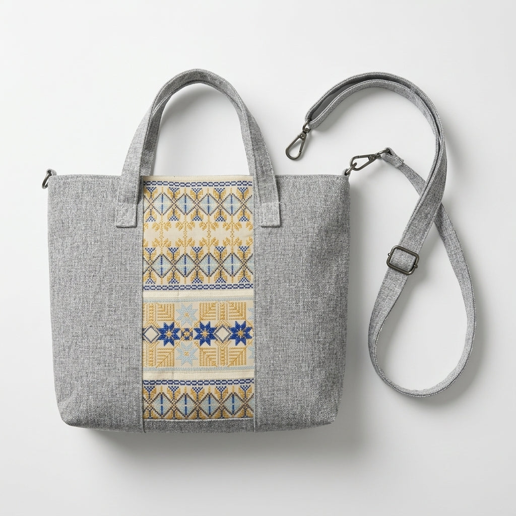 Tote Handbag With Woven Ethnic Front Panel