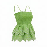 Casual Smocked Tiered Camisole Top With Embroidered Eyelet