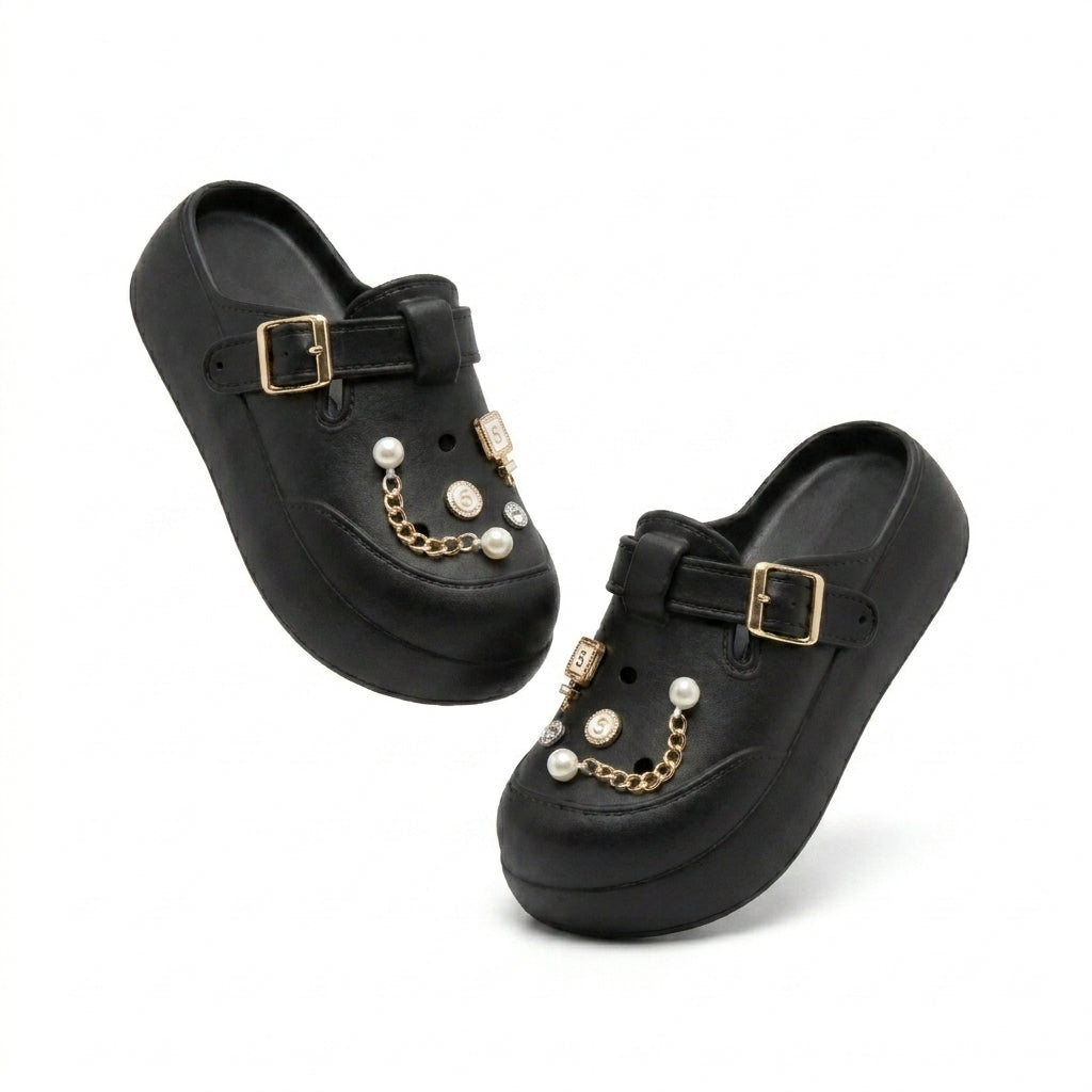 Girls Pearl And Chain Charm Clog Sandals With Buckle Strap