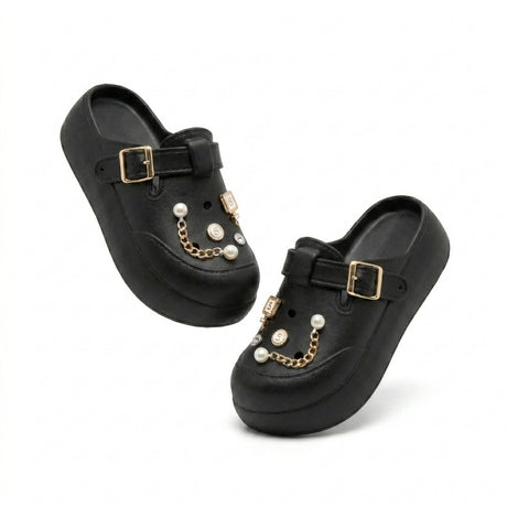 Girls Pearl And Chain Charm Clog Sandals With Buckle Strap