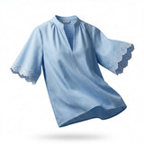 Casual Stripe Split Neck Blouse With Embroidered Sleeve