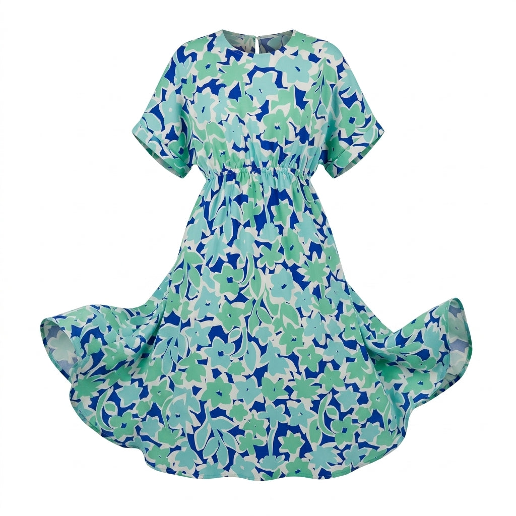 Casual And Mint Floral Print Midi Dress