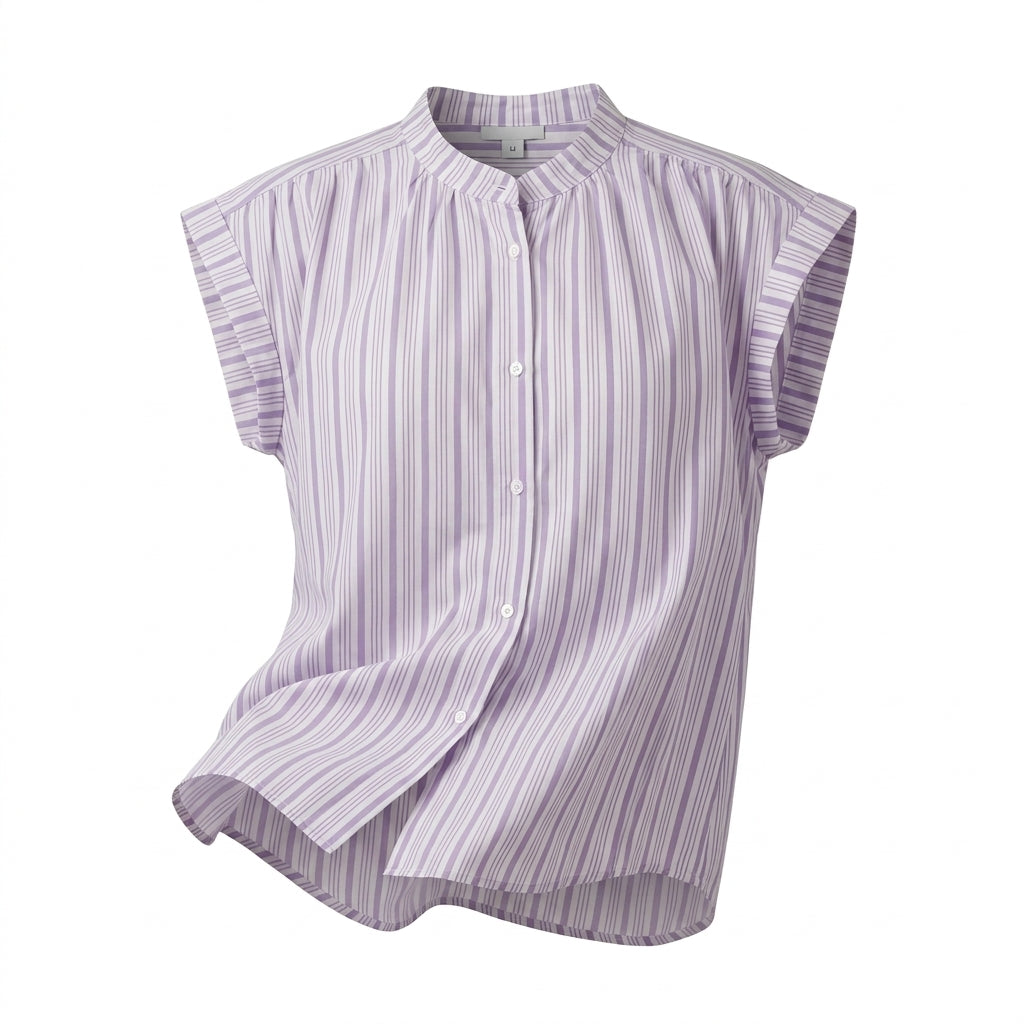 Women Striped Cap Sleeve Button Front Blouse